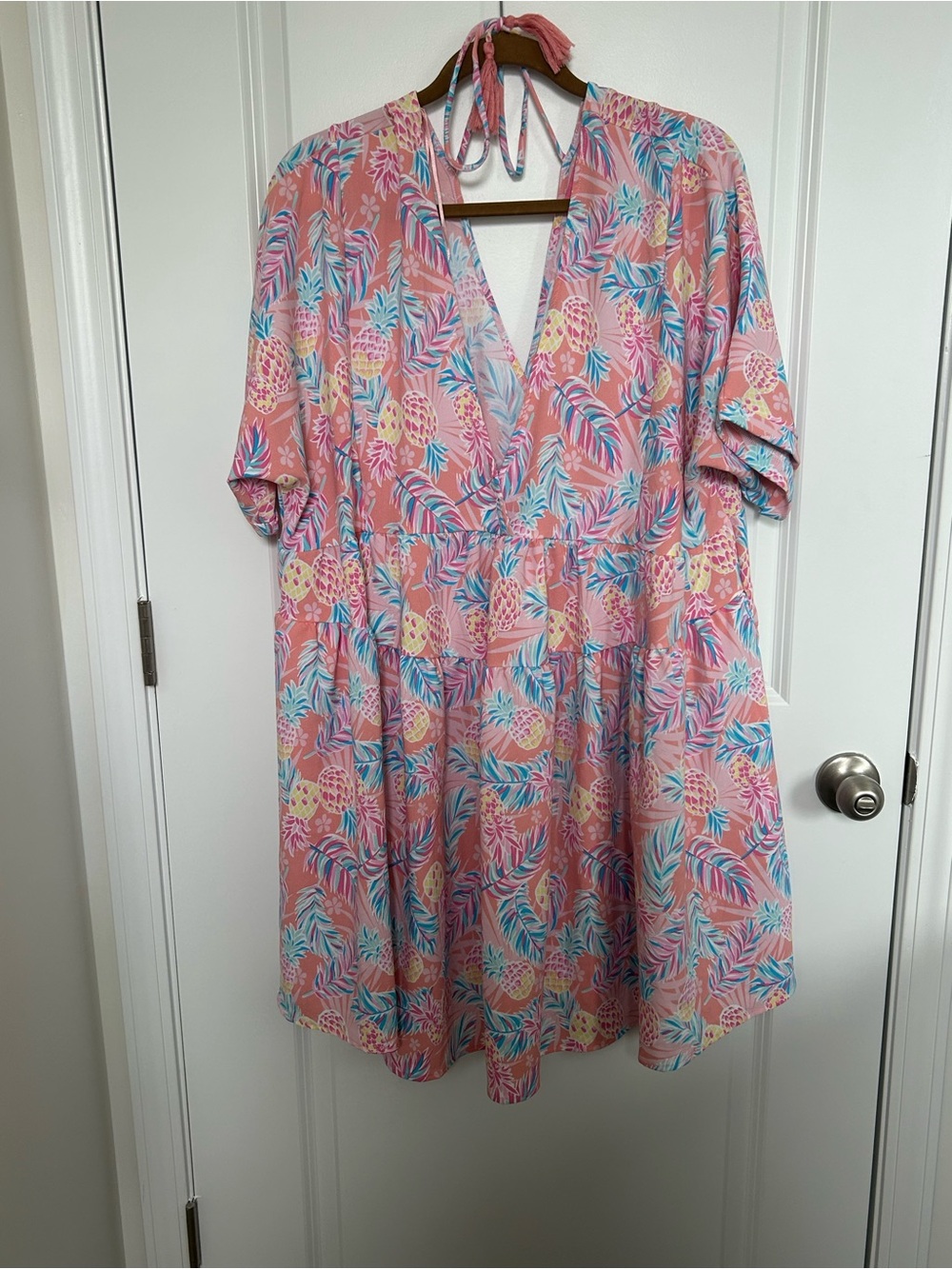 Simply Southern Pink Tropical Pineapple V-Neck Dress